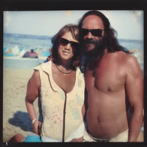 Prompt: found polaroid of my parents at beach, who look exactly like Taylor Swift and Macho Man Randy Savage