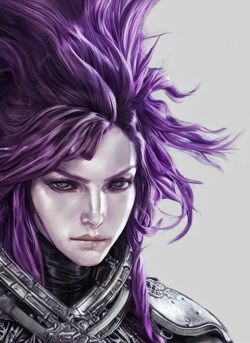 Prompt: close up portrait of a pale woman in leather armor with purple hair, powerful, domineering, stoic, masterful, intense, ultrafine hyperdetailed illustration by kim jung gi, irakli nadar, intricate linework, sharp focus, octopath traveler, yoji shinkawa, highly rendered, detailed, concept art