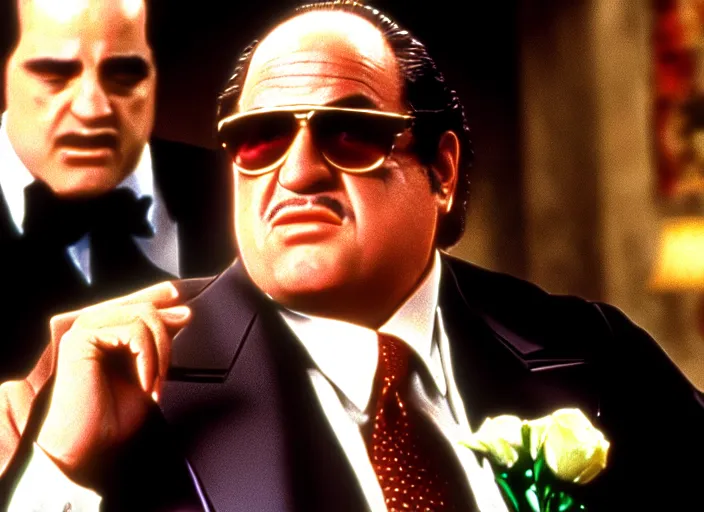 Image similar to film still of Danny de Vito as the Godfather 1972, cineastic, brown colors, 8K