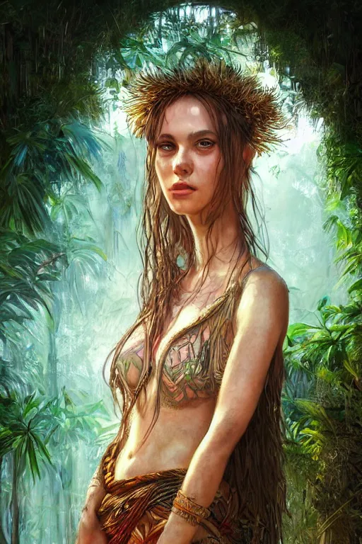 Image similar to portrait of bohemian girl in the jungle of tulum mexico, staring directly into camera, intricate, elegant, glowing lights, highly detailed, digital painting, artstation, sharp focus, illustration, art by wlop, mars ravelo and greg rutkowski