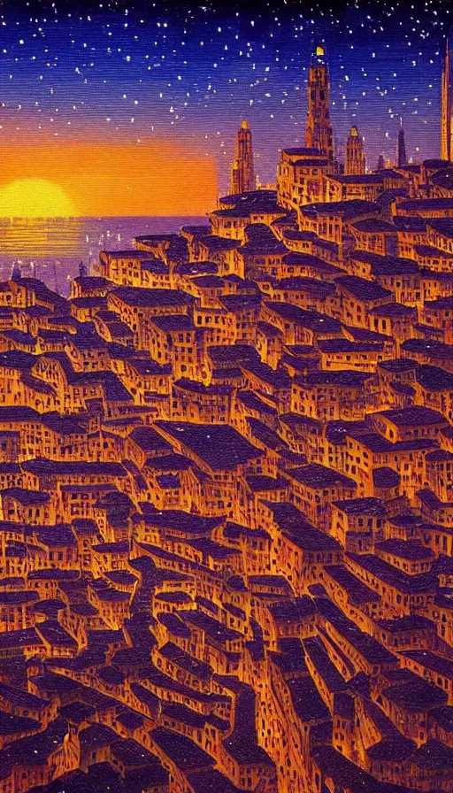 Prompt: The starlit city of wisdom and dreams at sunset, italian futurism, da vinci, Josan Gonzalez