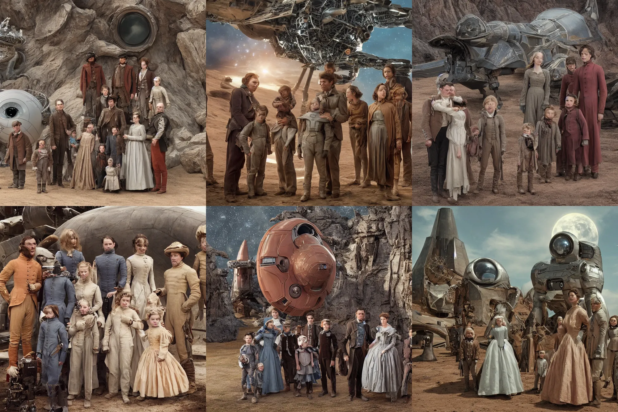 Prompt: highly detailed, 2048777216k film still from a sci fi blockbuster color movie made in 2019, set in 1860, of a family standing in front of a spaceship that has just landed on an alien planet, a humanoid alien creature stands nearby, the family are all wearing 1860s era clothes, in focus, good lighting, good photography, ultra high definition