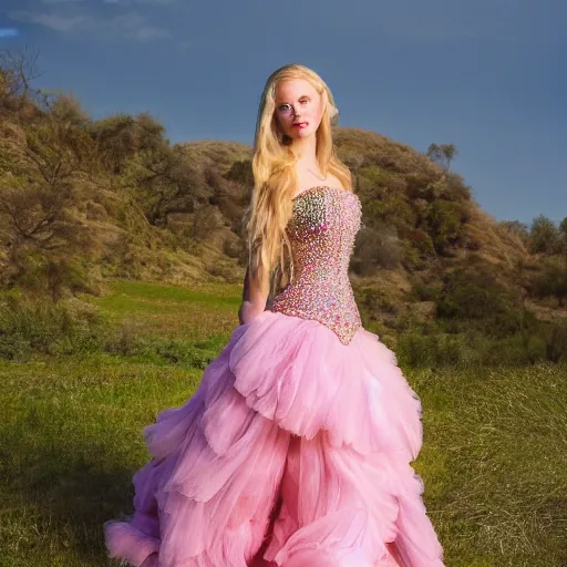 Prompt: a beautiful princess with long blonde hair and blue eyes wearing a strapless elaborately beaded pink dress, high resolution film still, 8k, HDR color, film by Simon Langton and David Frankel