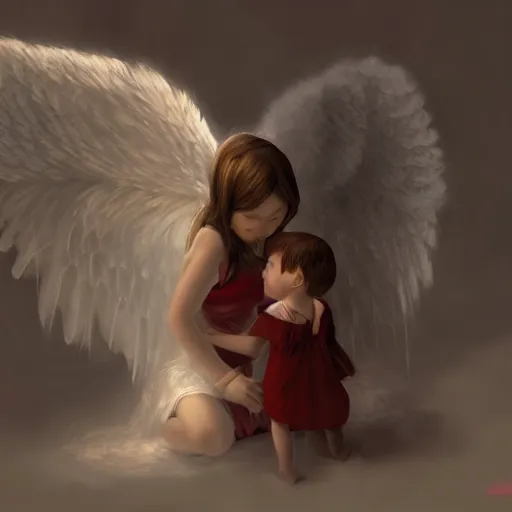 Image similar to Angel protecting child by Lin Chang, very detailed, deviantart, artstation