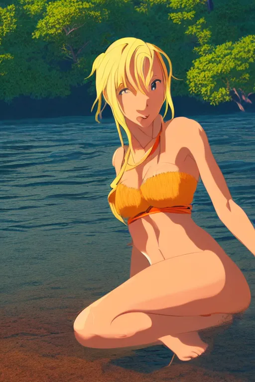 Prompt: beautiful blond woman in orange tribal bikini, blond hair pulled back, by makoto shinkai, 8 k, high resolution render, cinematic, sunset, lake, prehistoric jungle, unreal engine, clean lineart and flat color,