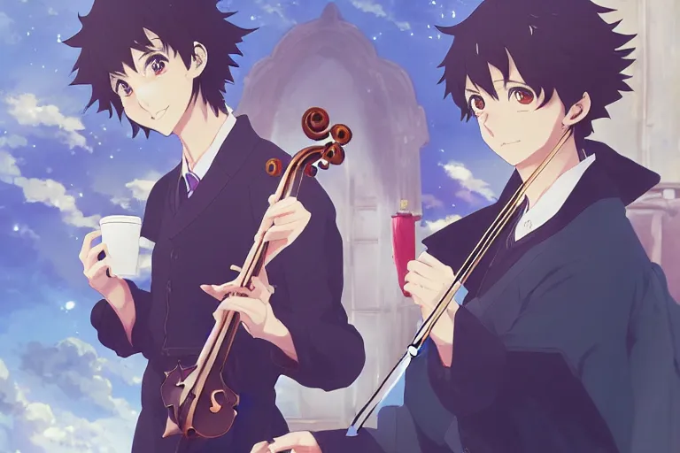 Image similar to anime key visual concept art of anime sherlock plays the violin, anime noble prince is drinking coffee, medieval european style noble manor interior, trending on artstation, brush strokes, oil on canvas, style of kawacy and makoto shinkai and greg rutkowski and studio ghibli