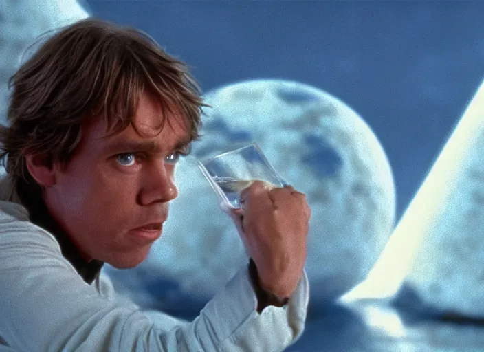 Prompt: screenshot of Luke Skywalker drinking blue milk, on a marble designed planet, famous scene from the 1980s film directed by Stanley Kubrick cinematic lighting, moody cinematography, with anamorphic lenses, crisp, detailed portrait, 4k image