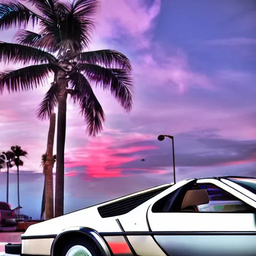 Image similar to miami beach sunset vapor wave palm trees 80s synth retrowave delorean close up ultra detail contrast specular metal car door chrome