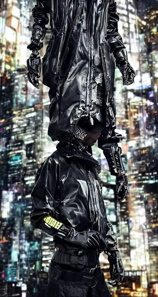 Image similar to cyberpunk techwear streetwear look and clothes, we can see them from feet to head, highly detailed and intricate, golden ratio, beautiful bright colors, hypermaximalist, futuristic, cyberpunk setting, luxury, elite, cinematic, techwear fashion, Errolson Hugh, Sacai, Nike ACG, Yohji Yamamoto, Y3, ACRNYM,