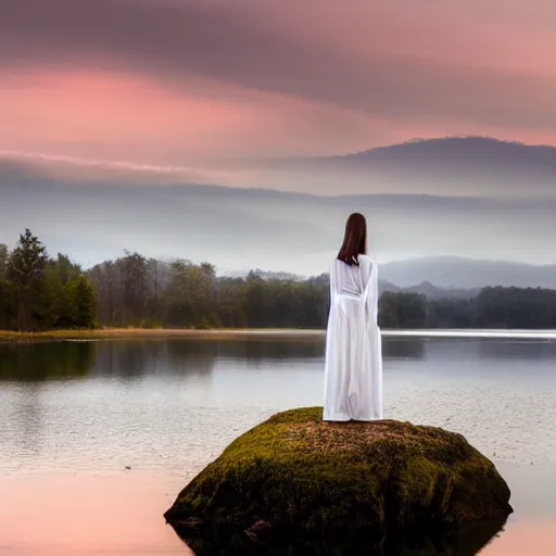 Prompt: a ghostly woman in a white dress rising from a quiet misty lake, high resolution photograph, autumn, sunset, eerie light