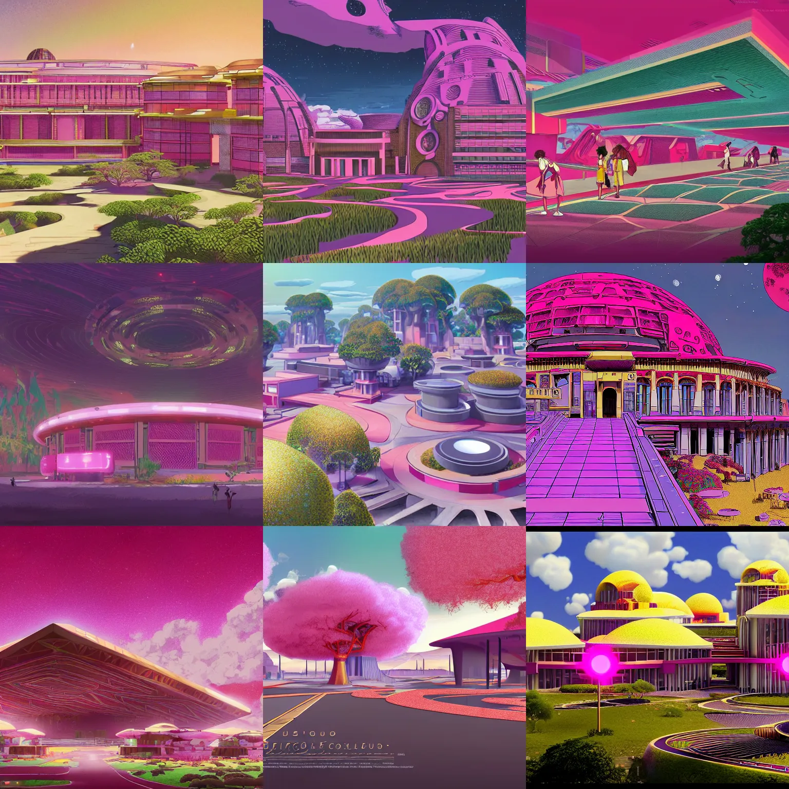 Prompt: afro futuristic college campus in the year 1 8 7 0, beautiful landscape, concept art render, by studio ghibli and dwayne mcduffie and denys cowan, hot pink and gold color scheme, 3 2 k, hd, intricate details, epic composition