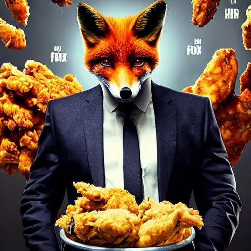 Prompt: hdr quality poster for an action movie fearing cool looking anthropomorphic male fox in suit, stealing lots of fried chicken, promotional media