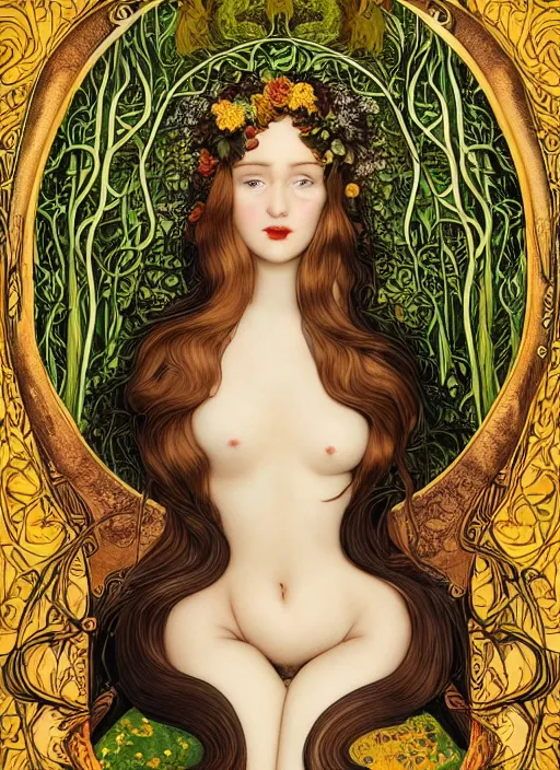 Prompt: masterpiece beautiful seductive flowing curves pinup pose preraphaelite face portrait photography, extreme close up shot, straight bangs, thick set features, yellow ochre ornate medieval dress, kay nielsen, amongst foliage mushroom forest circle arch, william morris and kilian eng and mucha, framed, 4 k