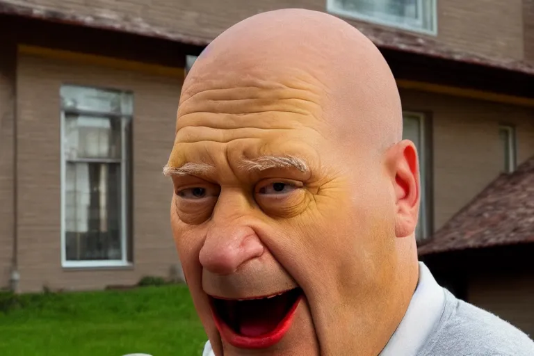 Image similar to movie scene portrait closeup, real life homer simpson in front of house, natural lighting by emmanuel lubezki