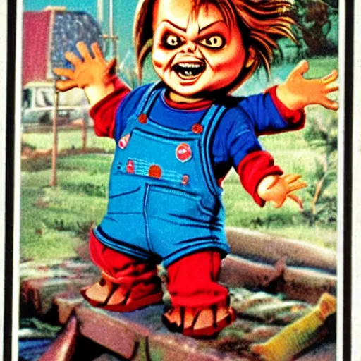 Image similar to chucky as a garbage pail kids card, product image, 1 9 8 0 s