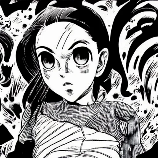 Image similar to Manga Panels, Mila Kunis summons a black spiral void from the sky by Junji Ito, Kim Jung Gi