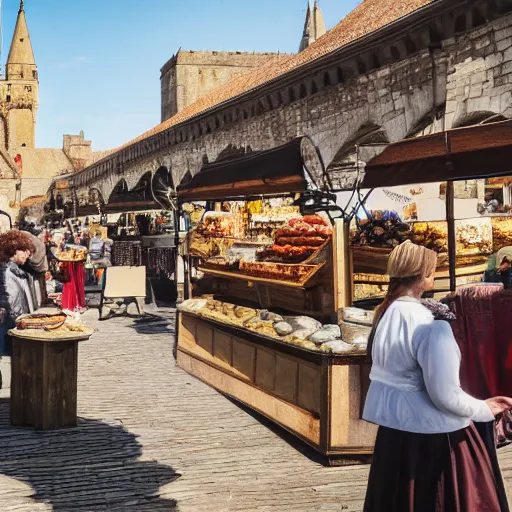 Image similar to medieval food market on a bridge