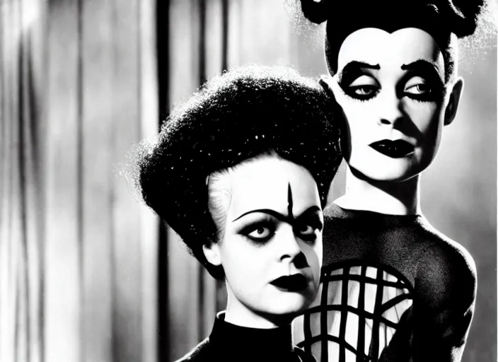 Image similar to editorial portrait, bride of frankenstein ( 1 9 3 5 ) as child wednesday addams, still from the addams family values, sharp, black and white