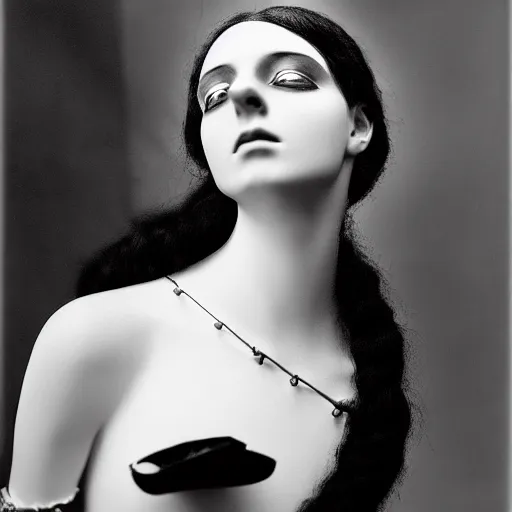 Prompt: black and white photographic dreamy portrait, biomechanical beautiful young female priestess, volumetric light, rim light, by dora maar and cecile beaton, big gothic fashion pearl embroidered collar, 8 k