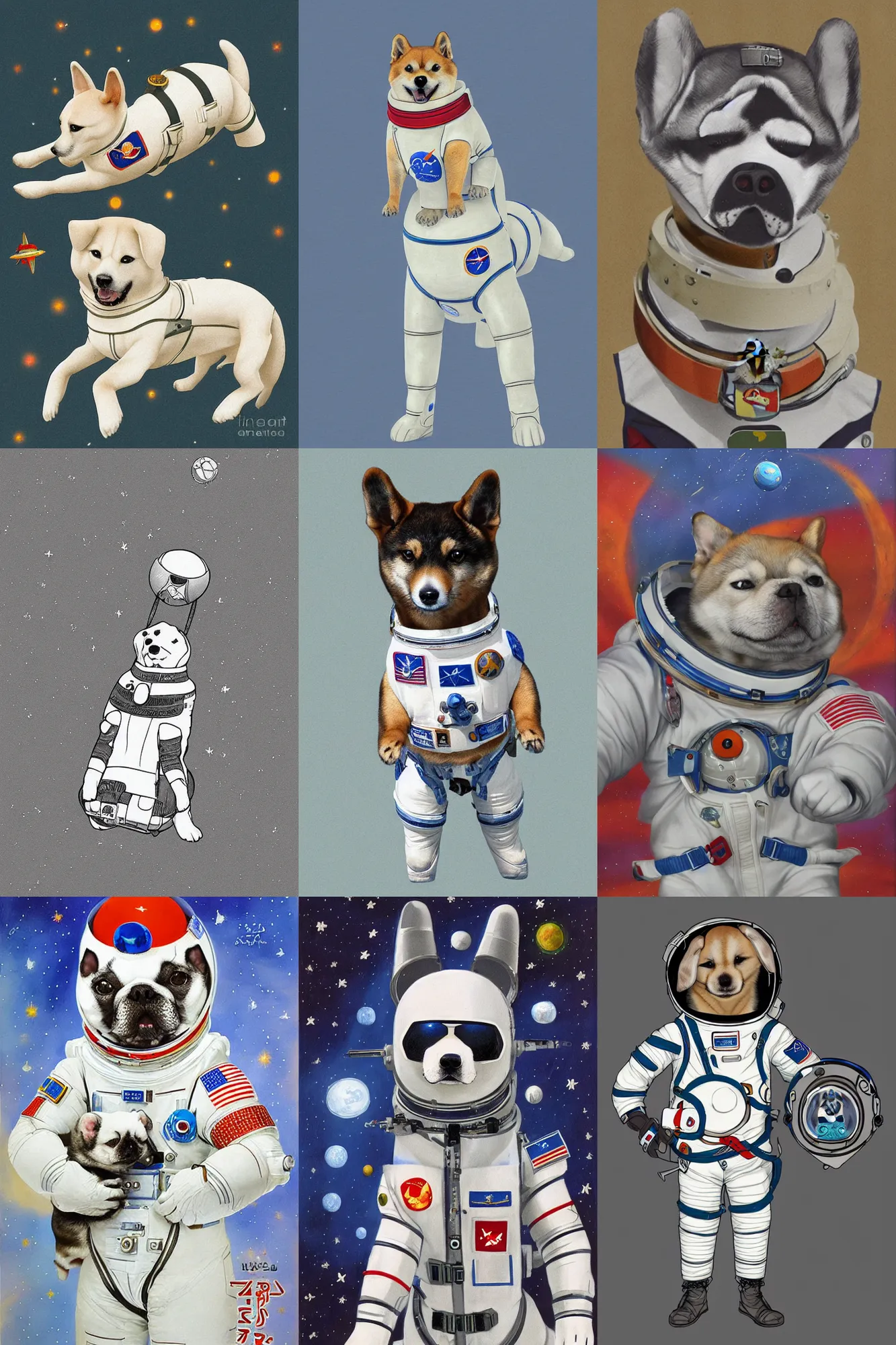 Prompt: cosmonaut dog shibu inu, by Andrey Sokolov
