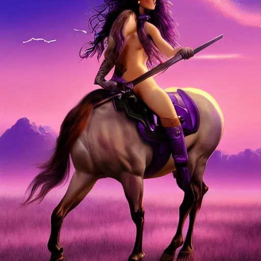 Prompt: painting of a very beautiful woman riding a centaur,, and a purple coloured leather jacket, one side haircut, long brown hair with light blue ends, portrait, hyperdetailed, artstation, cgsociety, synthwave by tangerine dream, by jean - michel jarre, by vangelis, by john carpenter