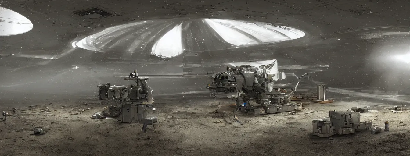 Prompt: engineer repairs secret flying saucer full of new USA military equipment in the hall of area 55, high detail, ground fog, wet reflective ground, saturated colors, by James Paick, render Unreal Engine-H 704