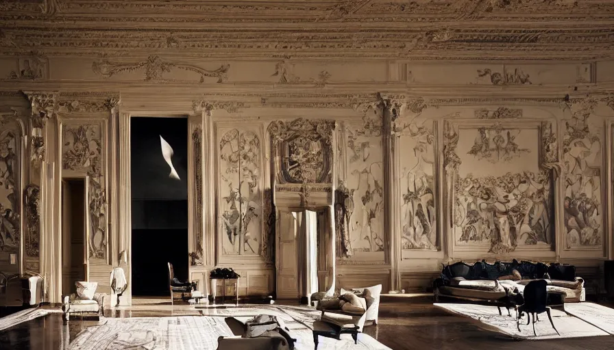 Prompt: Batman standing in giant Italian modern castle living room, clean minimalist design, that is 1300 feet tall, with very tall giant walls filled with modern art paintings, doors that are cosmic portals, photo by Annie Leibovitz