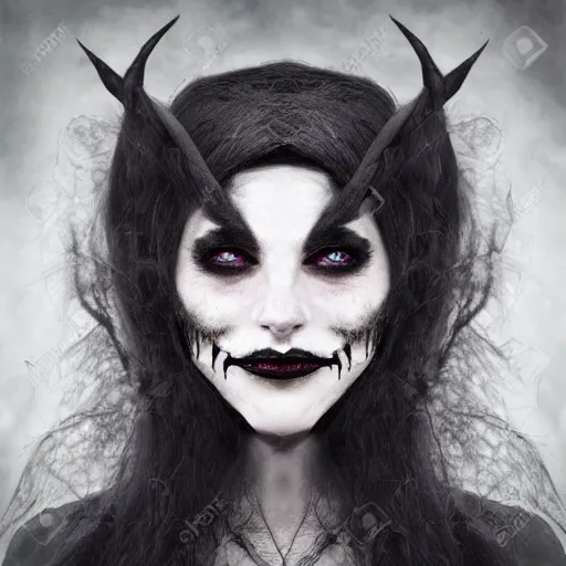 Image similar to dark eerie witch holding a realistic face partially covering her wicked grin