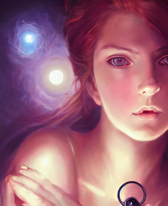 Prompt: portrait of hypnotized person, pocket watch, golden ratio spiral eyes, fluorescent lighting, highly detailed, by charlie bowater and titian and artgerm