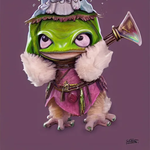 Prompt: frog cleric as an albino chibi muppet plush wearing a big dark wolf pelt headdress and carrying a tiny sketch book and pencil, photorealistic, photography, national geographic, sesame street