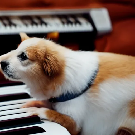 Image similar to an adorable plush corgui dog playing a keyboard in the middle of a party.