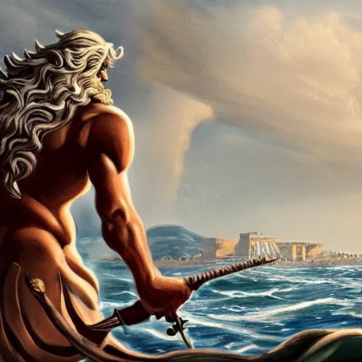 Prompt: Poseidon emerging from the sea and striking down the ancient Greek city of Athens with his trident, high quality DnD illustration, trending on artstation
