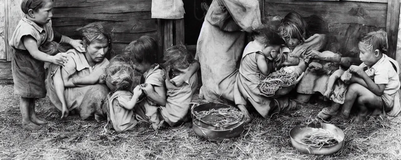 Prompt: dorothea lange's photograph of a struggling mother with her children feeding spaghetti in 1 9 3 6, rural, in the style of diane arbus, canon 5 0 mm, kodachrome, retro