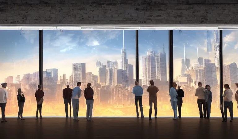 Image similar to large group people in simple warehouse, looking at hologram of futuristic downtown on a table, cinematic concept art, godrays, golden hour, natural sunlight, 4 k, clear details, tabletop model towers, center model towers, hologram center, crane shot, crane shot, crane shot, clear details, windows