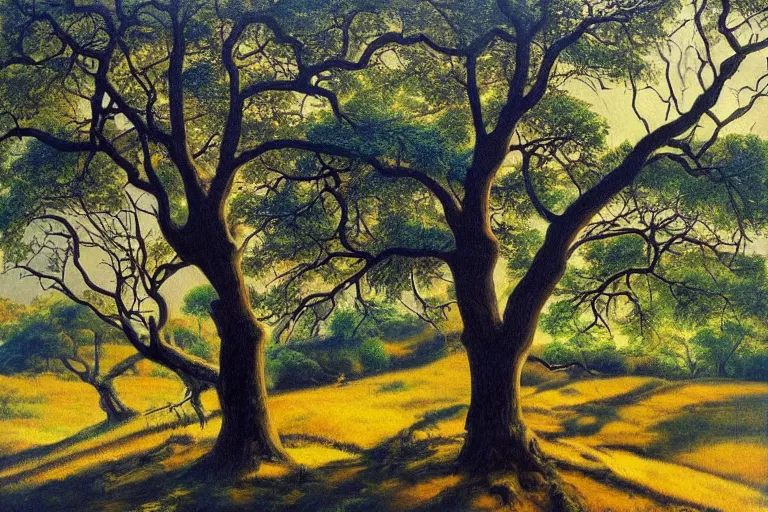 Prompt: masterpiece painting of oak trees on a hillside overlooking a creek, dramatic lighting, by ronald balfour