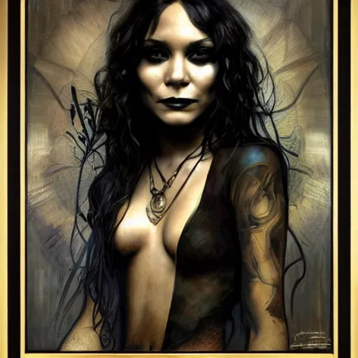 Image similar to beautiful portrait of vanessa hudgens as death from sandman, smiling, by cedric peyravernay, alphonse mucha, by jeremy mann, by lecouffe deharme, goth chic, soft lightning, eyeliner, punk rock, high detailed, 8 k