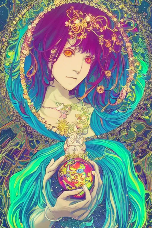 Image similar to psychedelic, acid trip, intricate, highly detailed, anime, 4k, beautiful seductive slime girl holding a huge orb containing the universe, with professional makeup, long trippy hair, surrounded by gems, underneath the stars, trending on patreon, deviantart, twitter, artstation, volumetric lighting, heavy contrast, by artgerm and Ilya Kuvshinov and alphonse mucha, interstellar galaxy