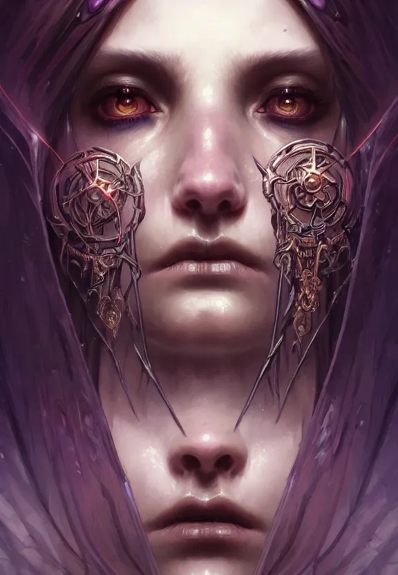 Image similar to Necromancer Sorceress face close-up macro in center, fantasy magic, undercut hairstyle, dark light night, intricate, elegant, sharp focus, illustration, highly detailed, digital painting, concept art, matte, art by WLOP and Artgerm and Greg Rutkowski and Alphonse Mucha, masterpiece