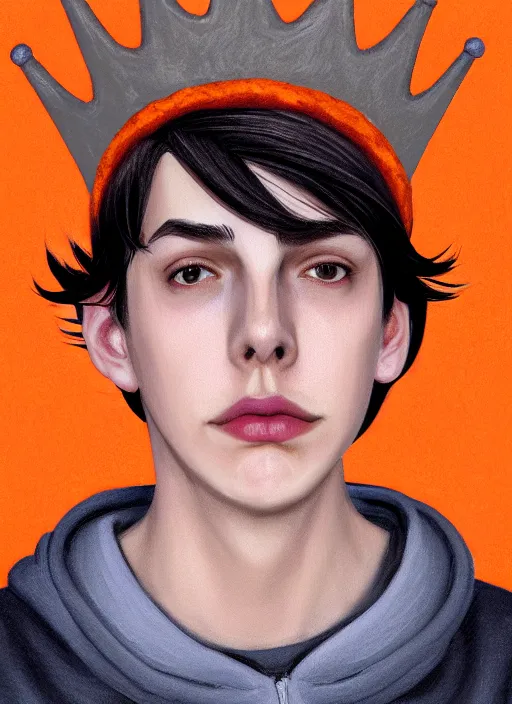 Image similar to portrait of teenage jughead jones wearing a light grey crown, symmetrical crown, sweater with picture of hamburger, eyes closed, crown, black hair, orange, intricate, elegant, glowing lights, warm lighting, highly detailed, digital painting, artstation, concept art, smooth, sharp focus, illustration, art by wlop, mars ravelo and greg rutkowski