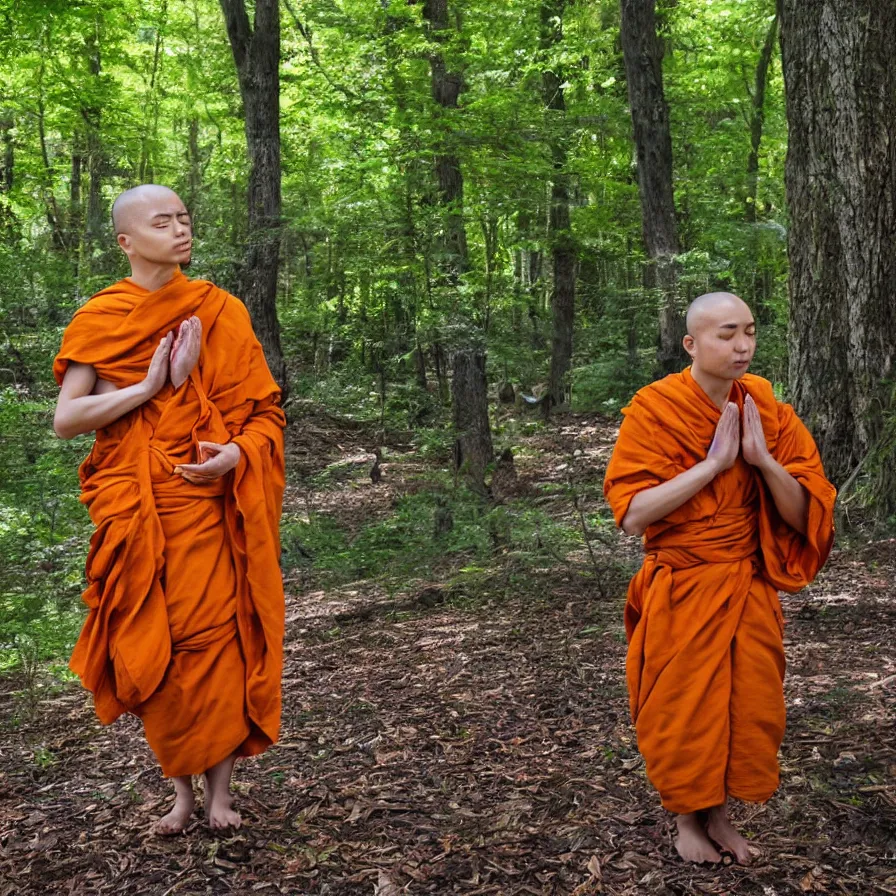 Image similar to a technobudist monk with a high-tech headset meditating in a forest