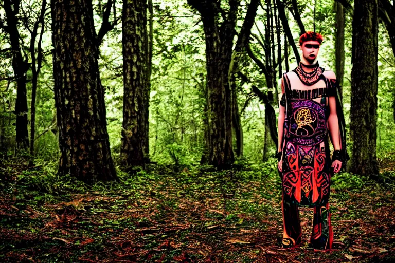 Image similar to versace avant garde male toga intricate textiles streetwear cyberpunk posing in the woods trees cloudy overcast dark late evening dramatic 3 5 mm professional color