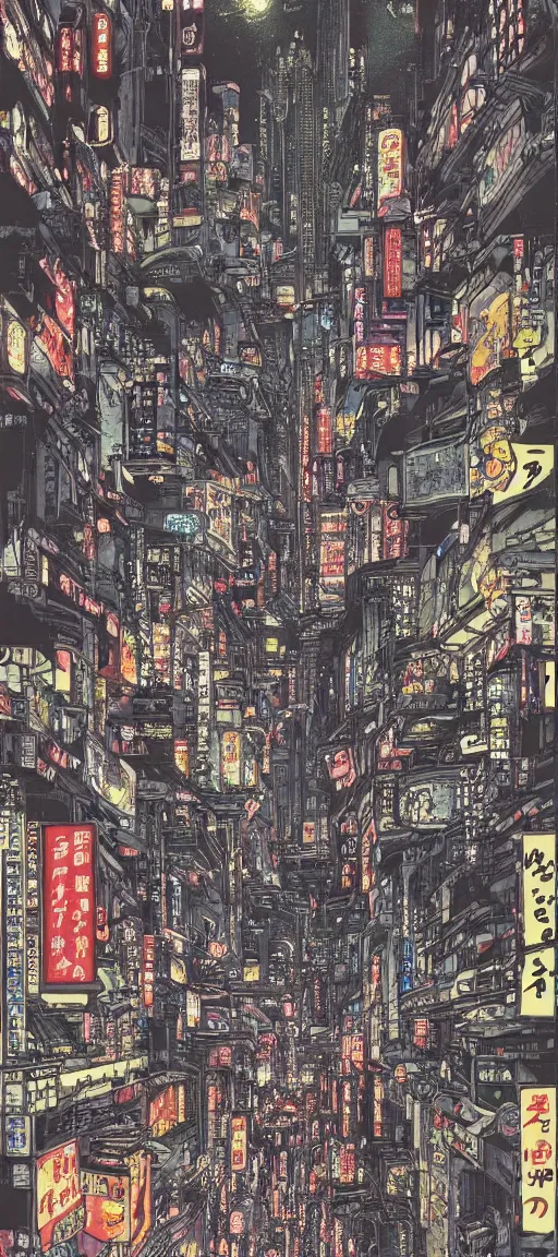 Image similar to beautiful hypercomplex anime drawing of an AKIRA-like cyberpunk city landscape, japan at night, 1980s, by Katsuhiro Otomo, wide angle, grand