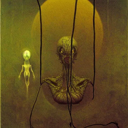 Image similar to alien kept in a holding tank, wires hooked up to body, dark and mysterious science lab, highly detailed beksinski painting