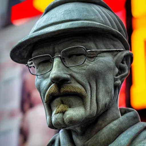 Image similar to a photograph of a very detailed renaissance sculpture of walter white wearing a phrygian cap in times square, made by michelangelo, from the distance, hyper detailed, sharp focus, 8 k resolution, ray tracing