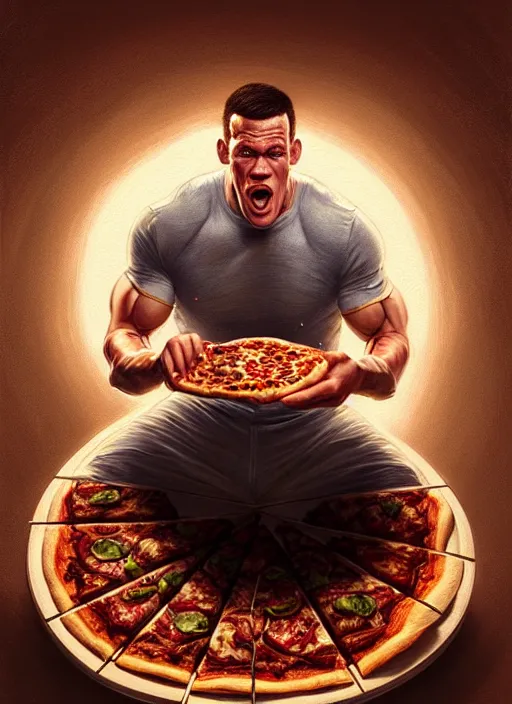 Image similar to portrait of john cena eating pizza, intricate, elegant, glowing lights, highly detailed, digital painting, artstation, concept art, smooth, sharp focus, illustration, art by wlop, mars ravelo and greg rutkowski