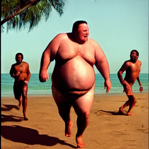 Image similar to mini - dv still of a fat, caucasian man in a swimsuit chasing african tribesmen