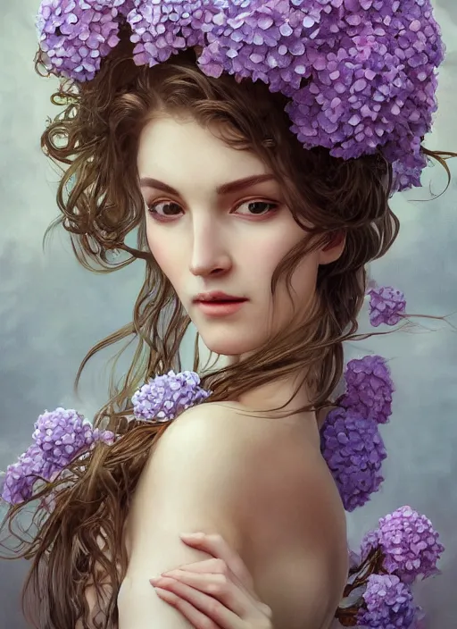 Image similar to a photographic portrait of a anthropomorphic hydrangea blossom, very very pretty face!!!!, fantasy, wind blowing hair, intricate, elegant, highly detailed, digital painting, artstation, concept art, smooth, sharp focus, illustration, art by artgerm and h r giger and alphonse mucha