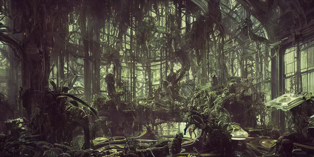 Image similar to octane render, ultra photorealistic, hyper detailed, unreal engine, a breathtaking sci - fi gothic victorian greenhouse terrarium with amber liquid containers perserving human bodies. artwork by guillermo del toro, james cameron, greg rutkowski, alphonse mucha, james gurney inspired by blade runner 2 0 4 9