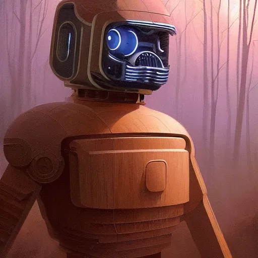 Prompt: sentient android made of wood, by ivan shishkin and beeple, trending on artstation a complex sci - fi painting by gerald brom, trending on artstation a child