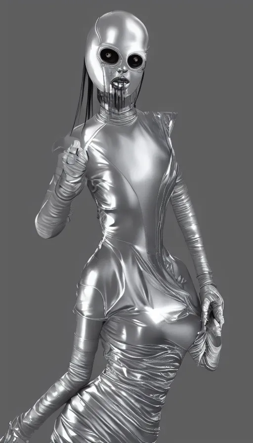 Prompt: a woman wearing a silver dress and a silver mask, cyberpunk art by zhou fang, cgsociety, computer art, daz 3 d, zbrush, rendered in maya